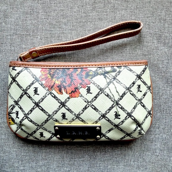 L.A.M.B. Cream Floral Lattice Wristlet with Brown Trim - Picture 10 of 12